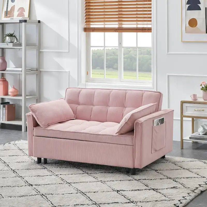 Beige / Pink / Orange / Grey Corduroy Loveseat Sofa Bed with Adjustable Back, 2-Seater
