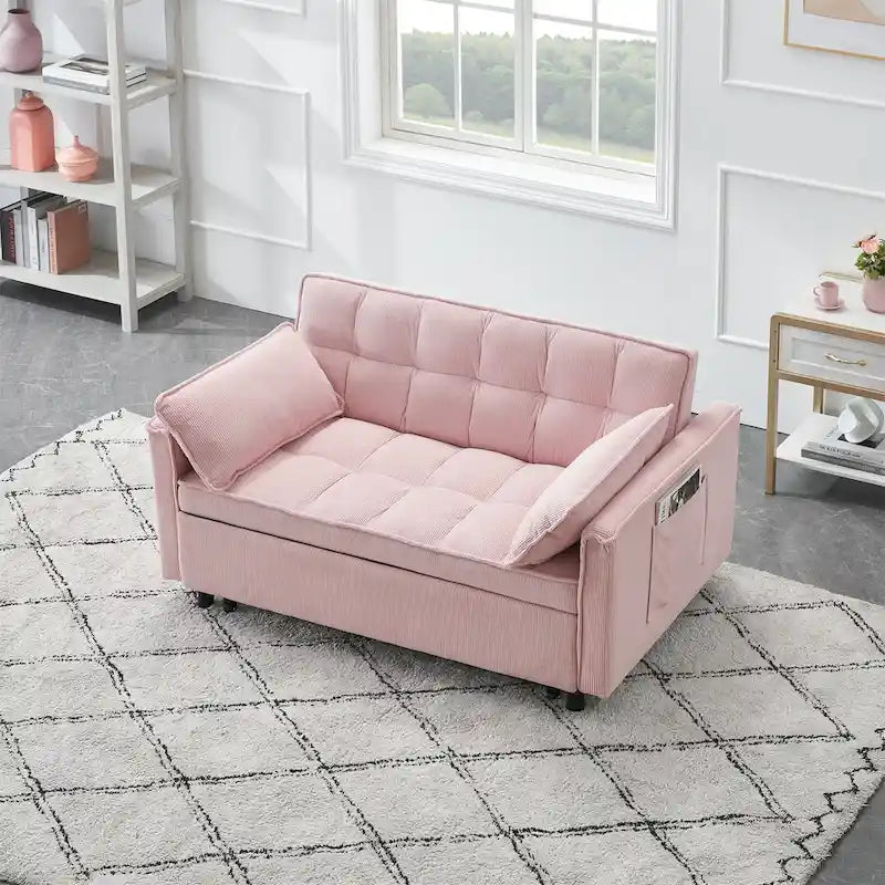 Beige / Pink / Orange / Grey Corduroy Loveseat Sofa Bed with Adjustable Back, 2-Seater
