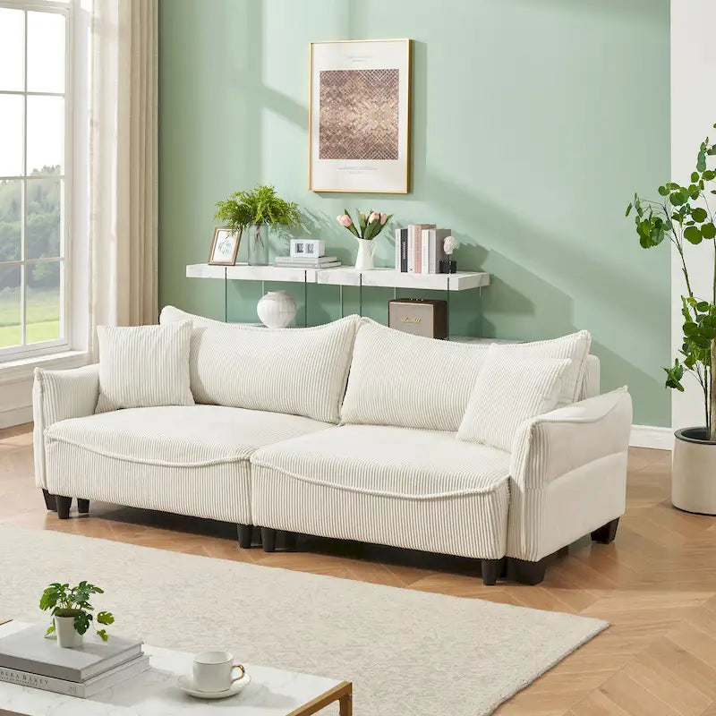 White / Grey / Green Corduroy 2-Seat Convertible Sofa Bed with Throw Pillows