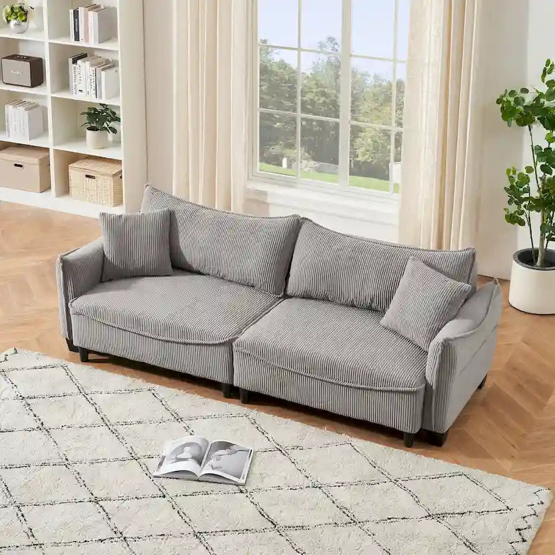 White / Grey / Green Corduroy 2-Seat Convertible Sofa Bed with Throw Pillows