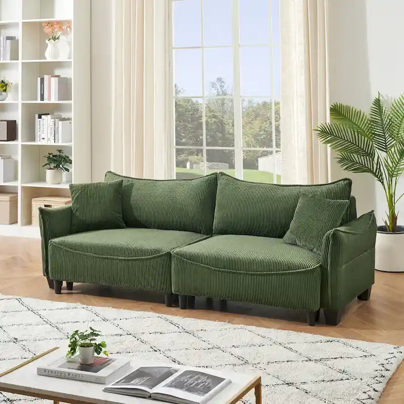 White / Grey / Green Corduroy 2-Seat Convertible Sofa Bed with Throw Pillows