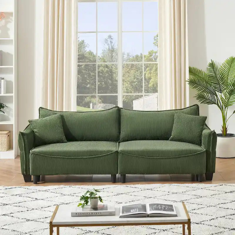 White / Grey / Green Corduroy 2-Seat Convertible Sofa Bed with Throw Pillows