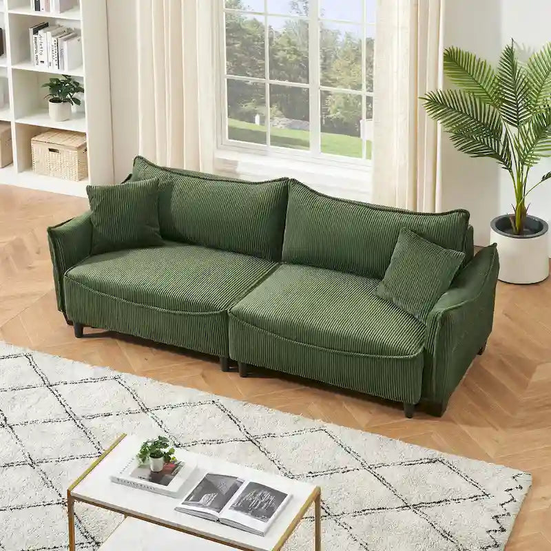White / Grey / Green Corduroy 2-Seat Convertible Sofa Bed with Throw Pillows