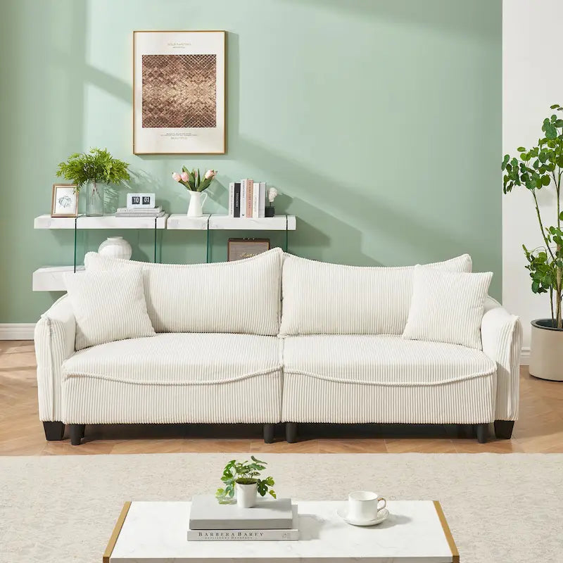 White / Grey / Green Corduroy 2-Seat Convertible Sofa Bed with Throw Pillows