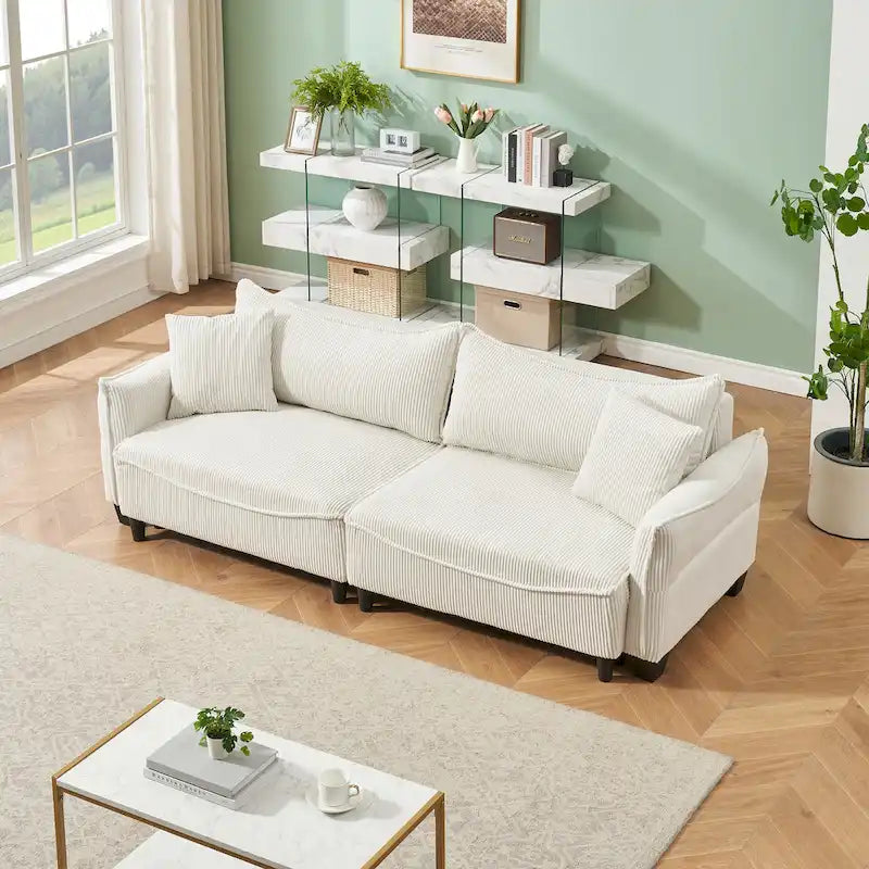 White / Grey / Green Corduroy 2-Seat Convertible Sofa Bed with Throw Pillows