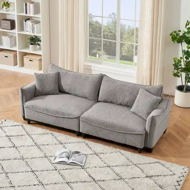 White / Grey / Green Corduroy 2-Seat Convertible Sofa Bed with Throw Pillows