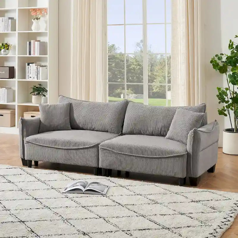 White / Grey / Green Corduroy 2-Seat Convertible Sofa Bed with Throw Pillows