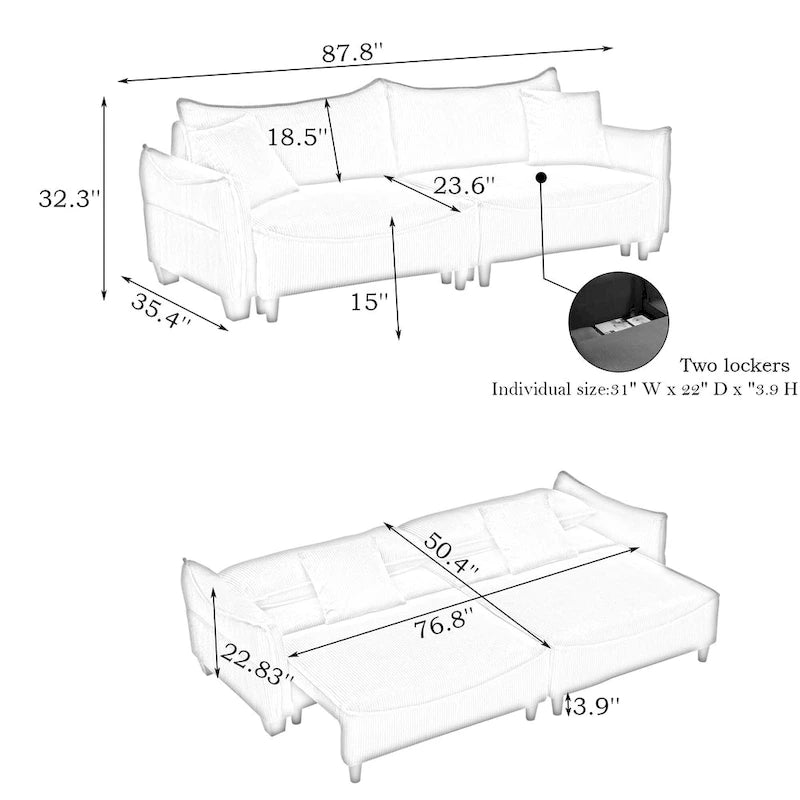 White / Grey / Green Corduroy 2-Seat Convertible Sofa Bed with Throw Pillows