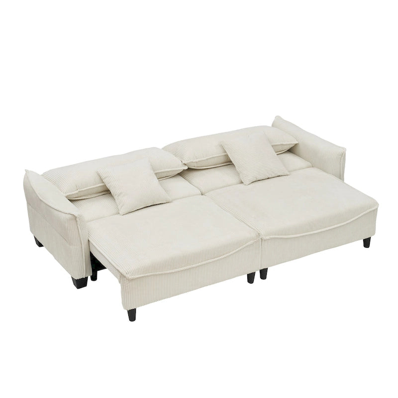 White / Grey / Green Corduroy 2-Seat Convertible Sofa Bed with Throw Pillows