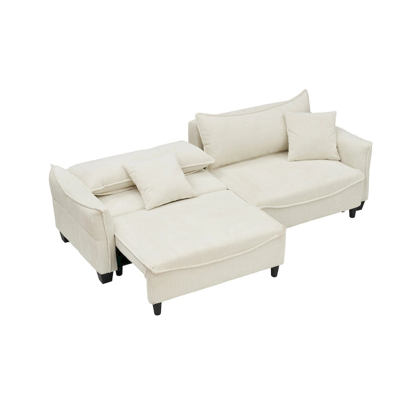 White / Grey / Green Corduroy 2-Seat Convertible Sofa Bed with Throw Pillows