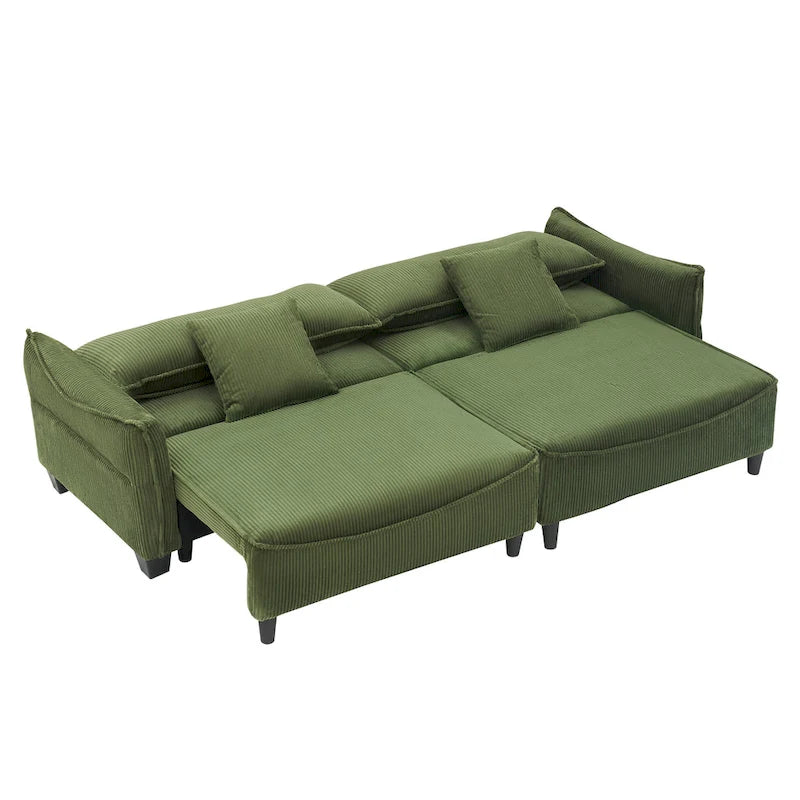 White / Grey / Green Corduroy 2-Seat Convertible Sofa Bed with Throw Pillows