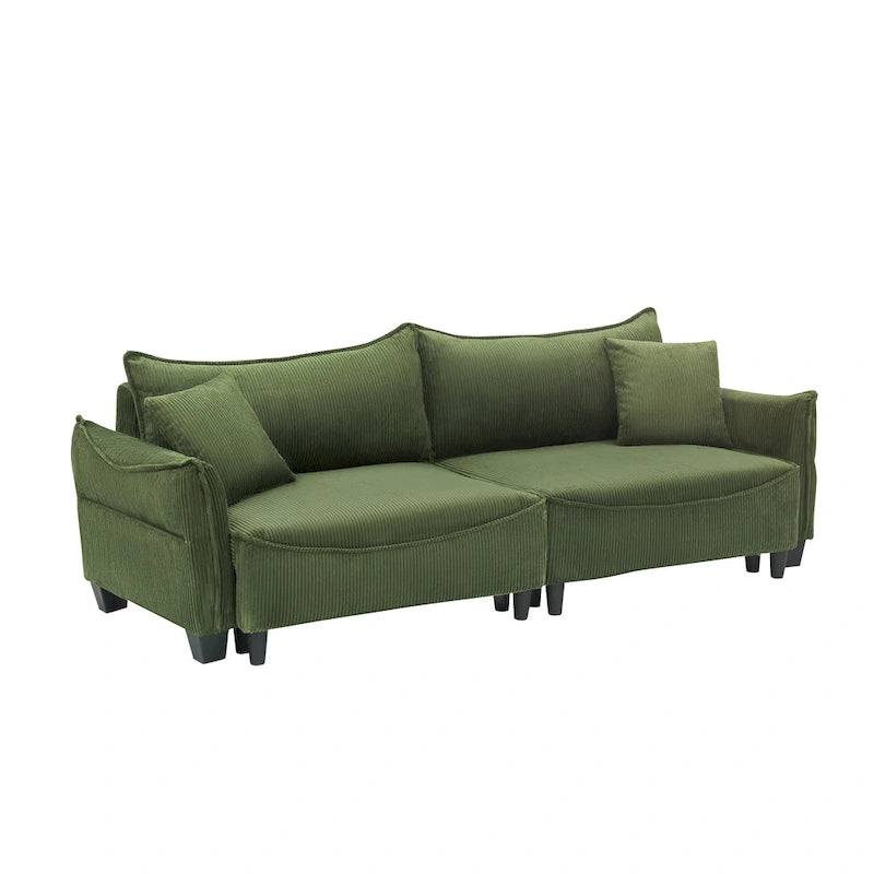 White / Grey / Green Corduroy 2-Seat Convertible Sofa Bed with Throw Pillows