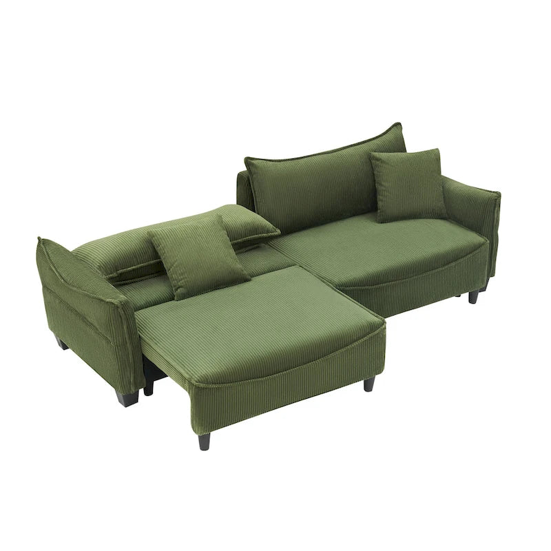 White / Grey / Green Corduroy 2-Seat Convertible Sofa Bed with Throw Pillows