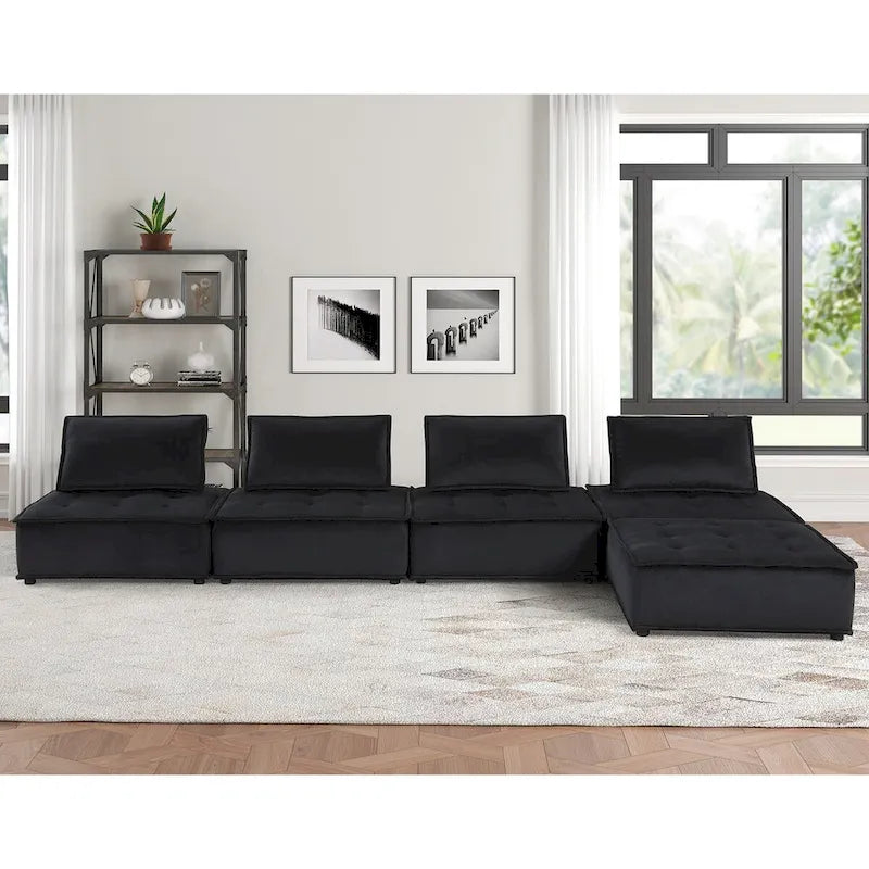 Light Gray / Black Velvet Tufted Modular Sectional Sofa with Ottoman, Seats 5