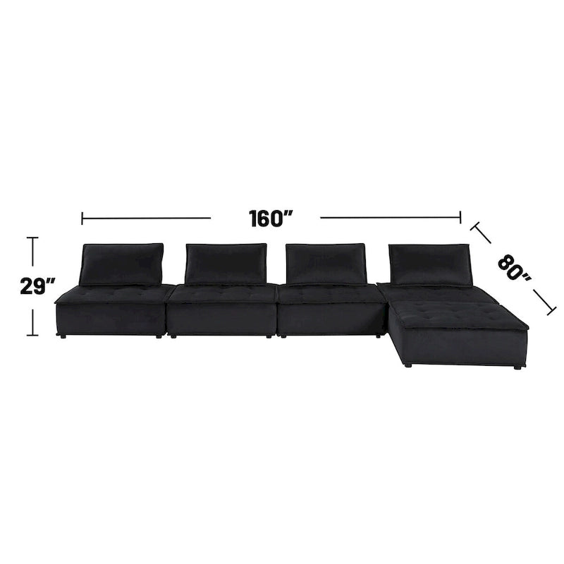 Light Gray / Black Velvet Tufted Modular Sectional Sofa with Ottoman, Seats 5