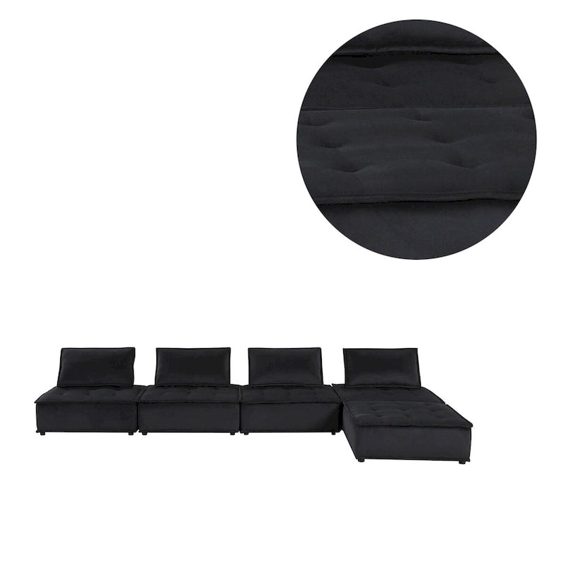 Light Gray / Black Velvet Tufted Modular Sectional Sofa with Ottoman, Seats 5