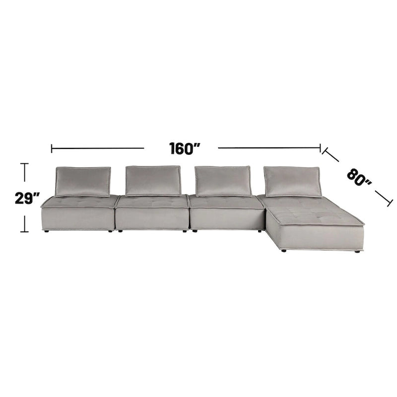 Light Gray / Black Velvet Tufted Modular Sectional Sofa with Ottoman, Seats 5