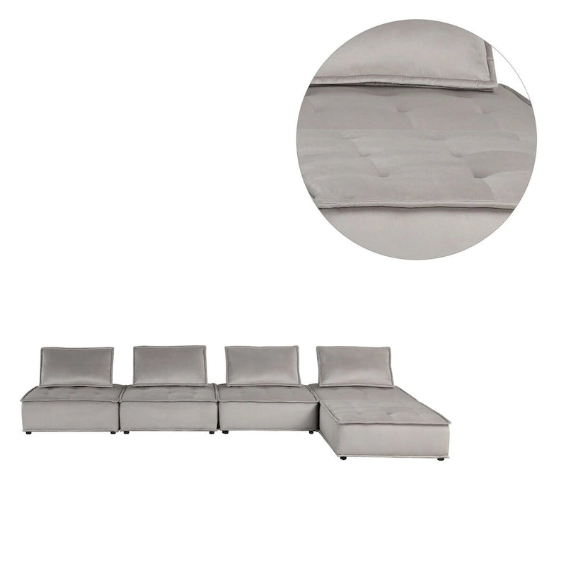 Light Gray / Black Velvet Tufted Modular Sectional Sofa with Ottoman, Seats 5