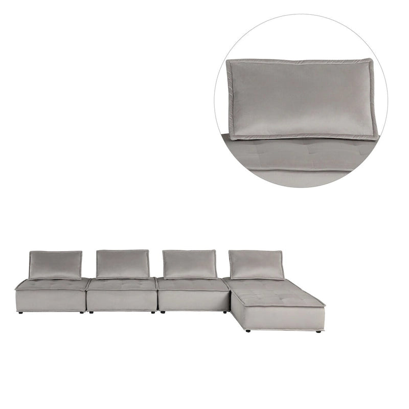 Light Gray / Black Velvet Tufted Modular Sectional Sofa with Ottoman, Seats 5