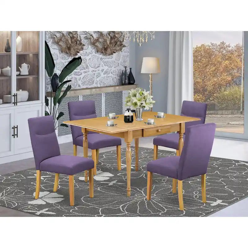 Oak Drop-Leaf Dining Table Set with Dahlia Linen Chairs – 3 or 5 Seat Options