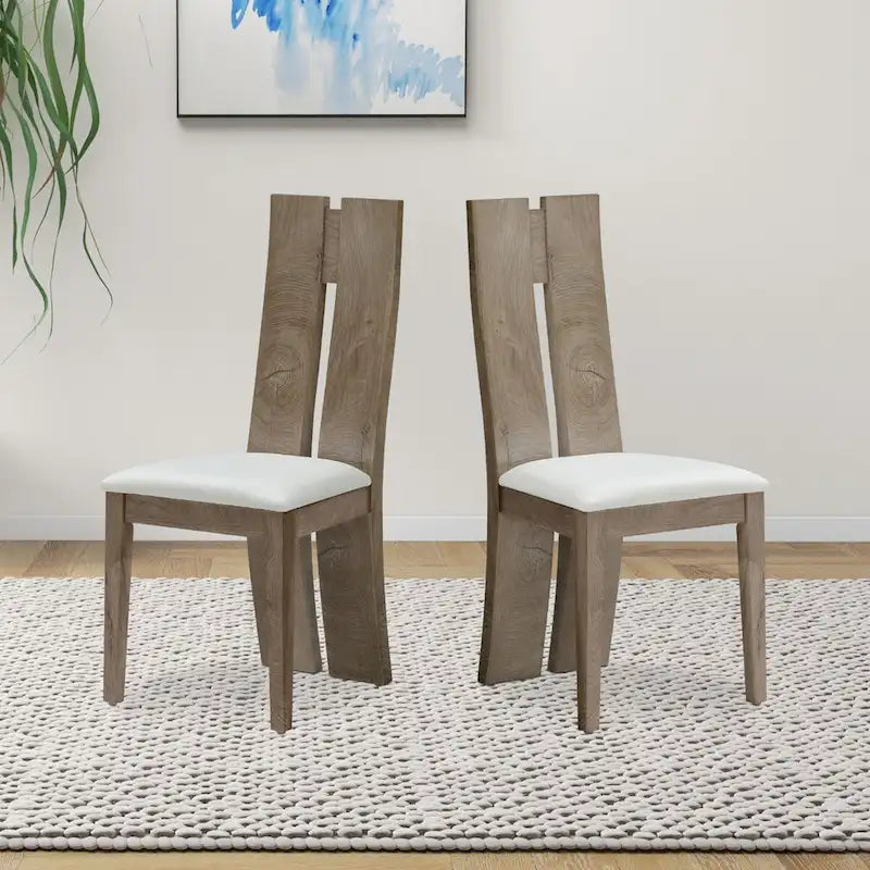 Light Brown High-Back Dining Chair with PU Leather Seat – Set of 2