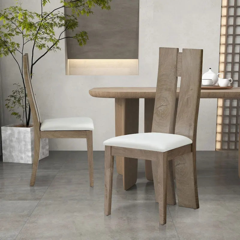 Light Brown High-Back Dining Chair with PU Leather Seat – Set of 2