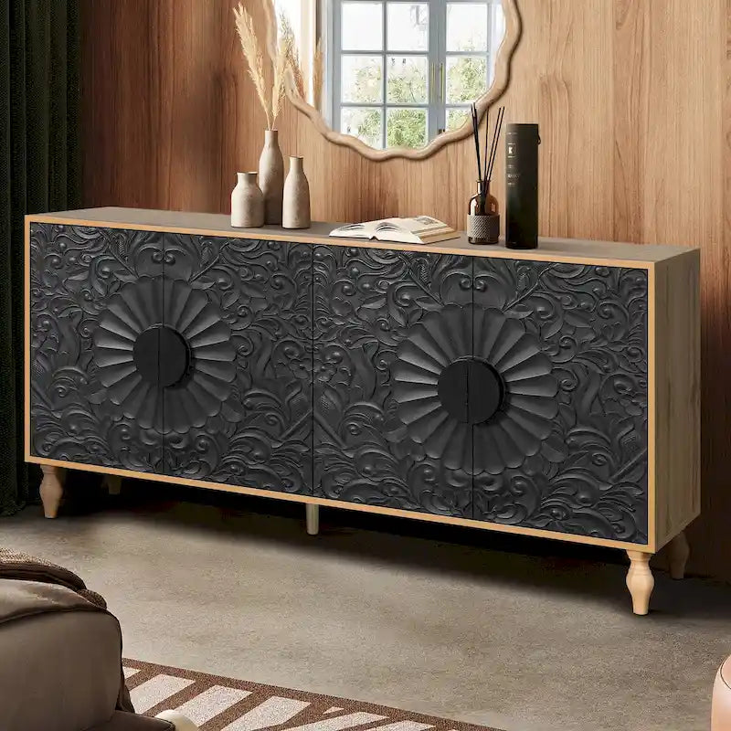 Black/White Vintage Carved 2-Door Storage Cabinet