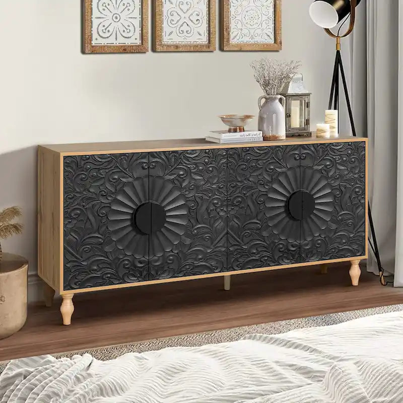 Black/White Vintage Carved 2-Door Storage Cabinet