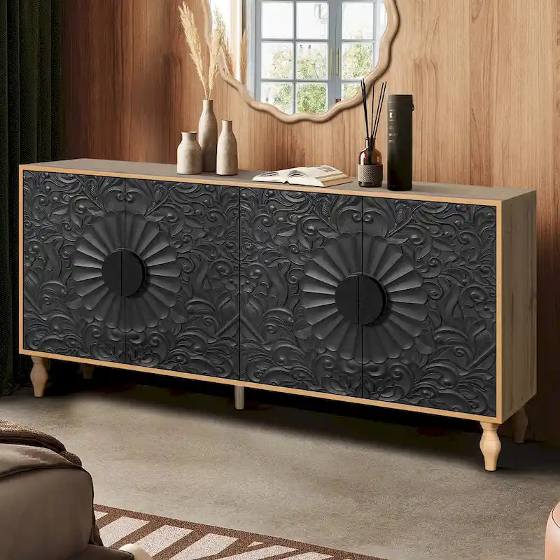Black/White Vintage Carved 2-Door Storage Cabinet