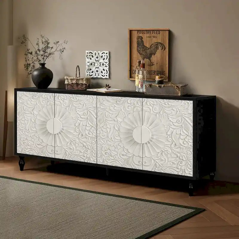 Black/White Vintage Carved 2-Door Storage Cabinet