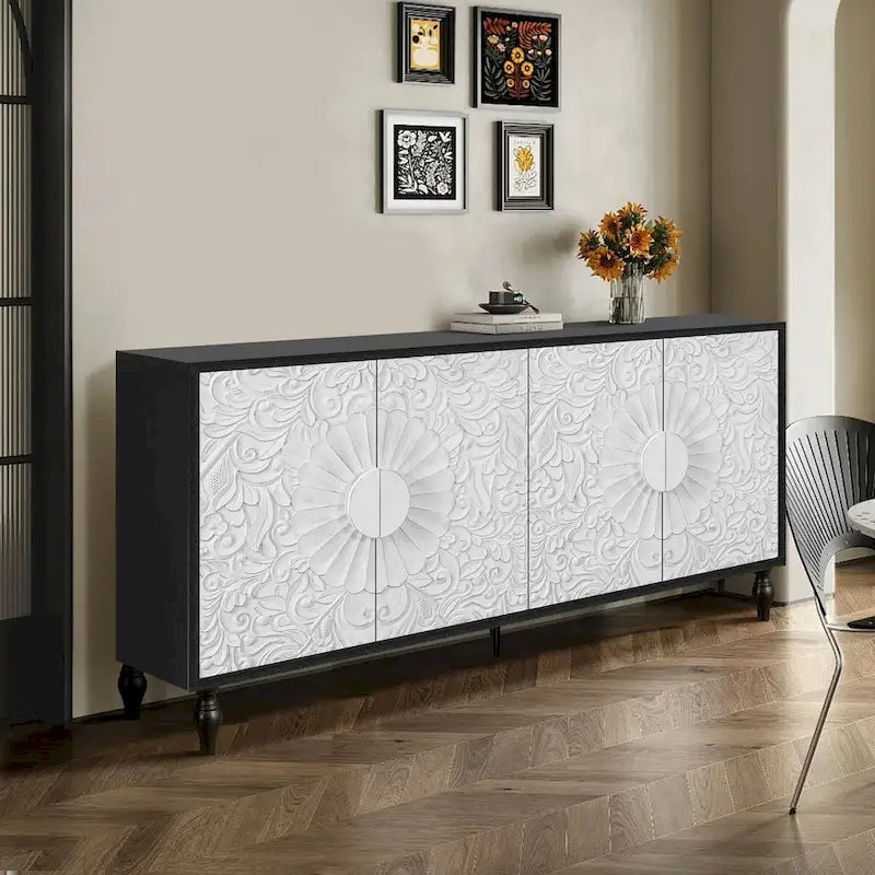 Black/White Vintage Carved 2-Door Storage Cabinet