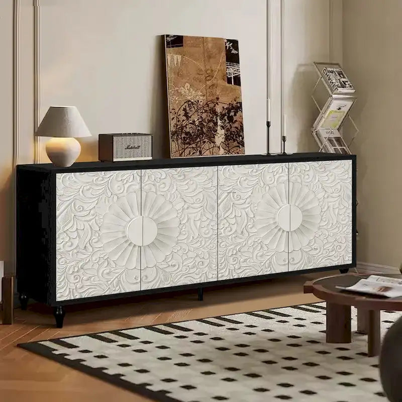 Black/White Vintage Carved 2-Door Storage Cabinet