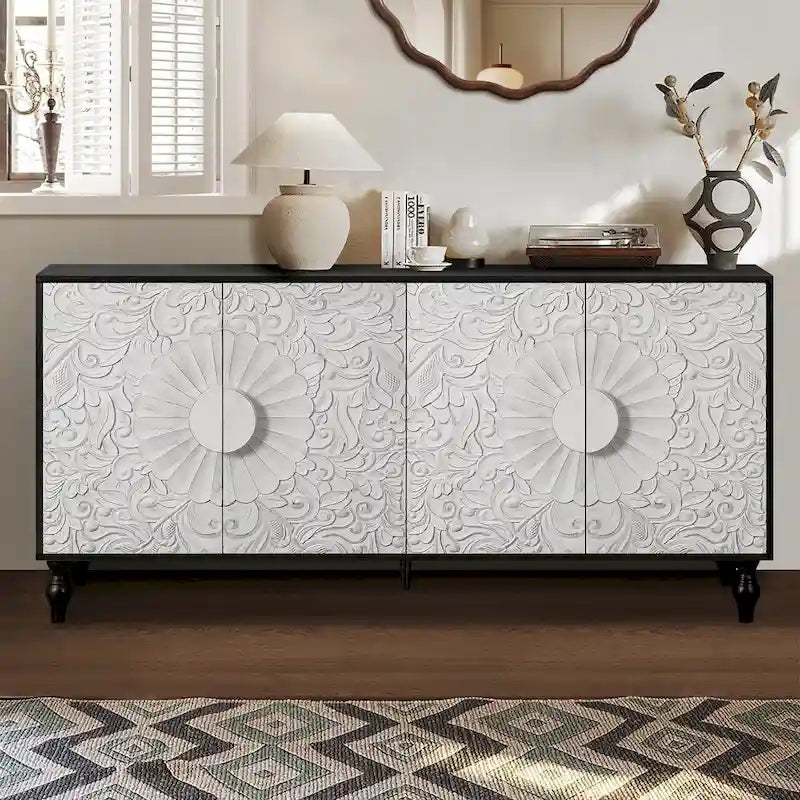 Black/White Vintage Carved 2-Door Storage Cabinet
