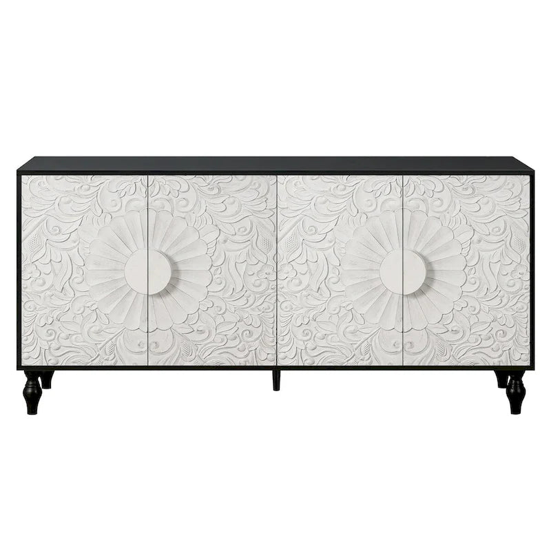Black/White Vintage Carved 2-Door Storage Cabinet
