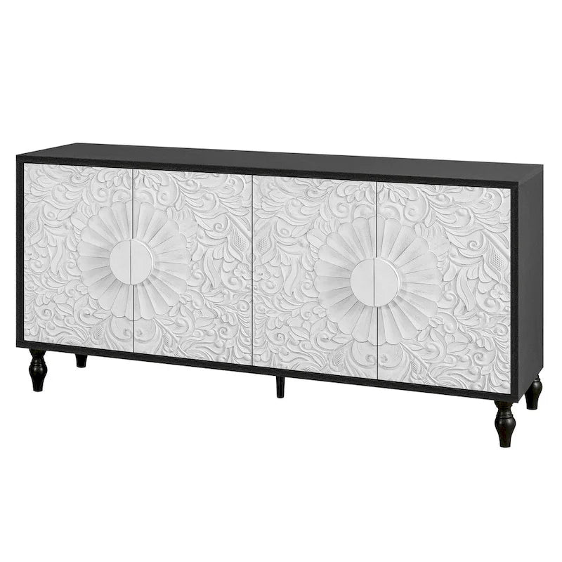Black/White Vintage Carved 2-Door Storage Cabinet