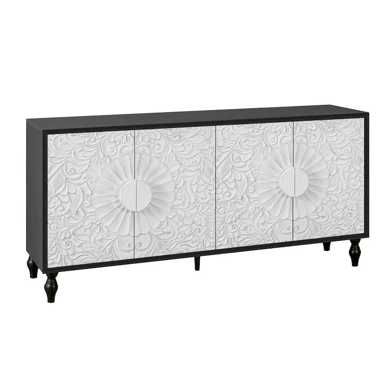 Black/White Vintage Carved 2-Door Storage Cabinet