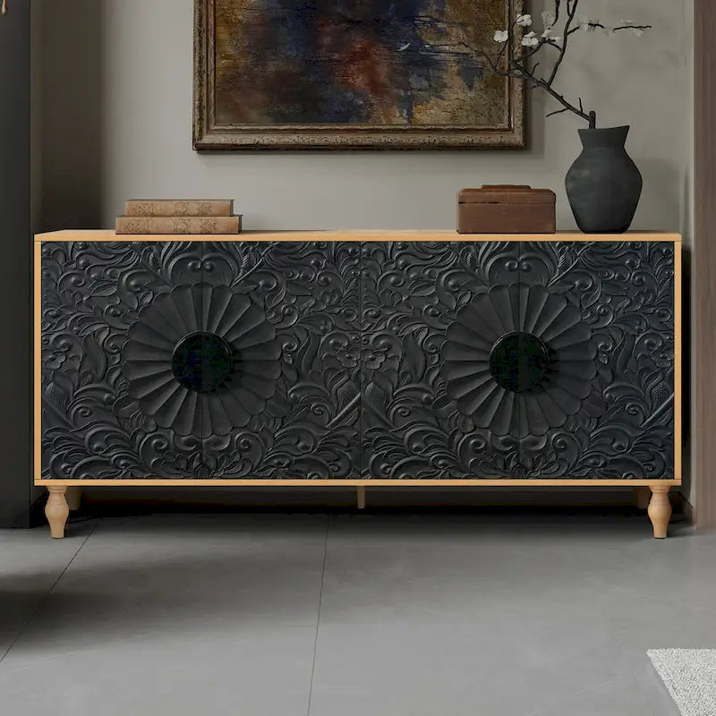 Black/White Vintage Carved 2-Door Storage Cabinet