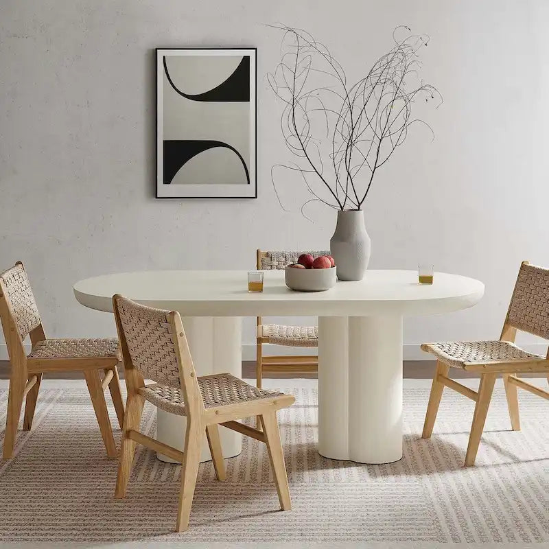 White/Black Oval Concrete Dining Table, Trefoil Pedestal Base, Seats 6–8