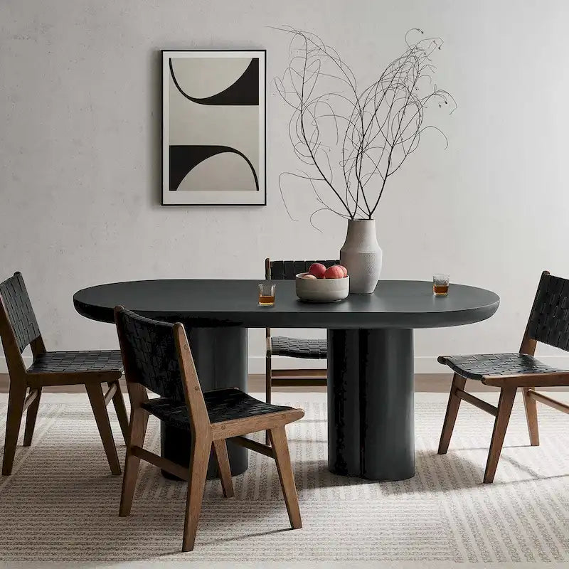 White/Black Oval Concrete Dining Table, Trefoil Pedestal Base, Seats 6–8