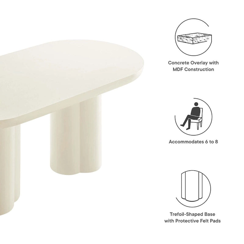 White/Black Oval Concrete Dining Table, Trefoil Pedestal Base, Seats 6–8