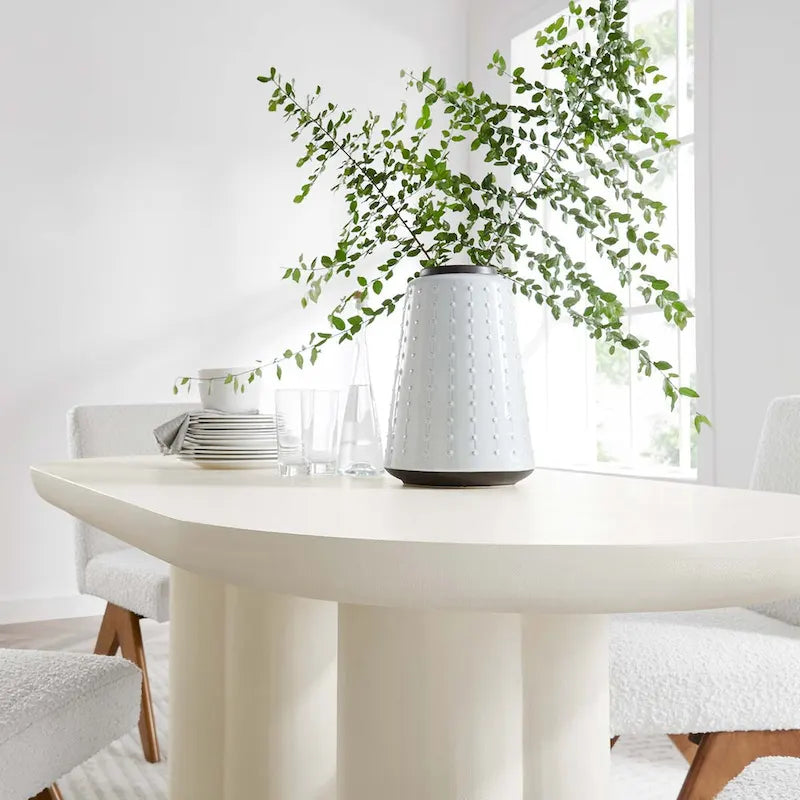 White/Black Oval Concrete Dining Table, Trefoil Pedestal Base, Seats 6–8