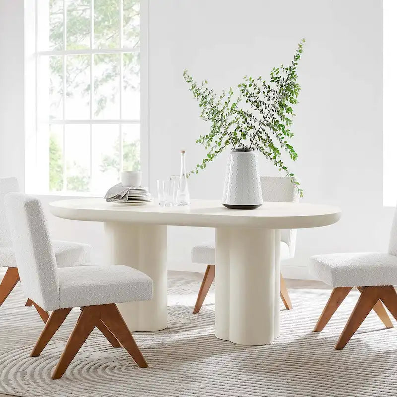 White/Black Oval Concrete Dining Table, Trefoil Pedestal Base, Seats 6–8