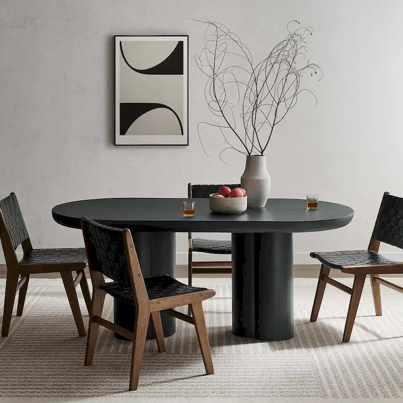 White/Black Oval Concrete Dining Table, Trefoil Pedestal Base, Seats 6–8