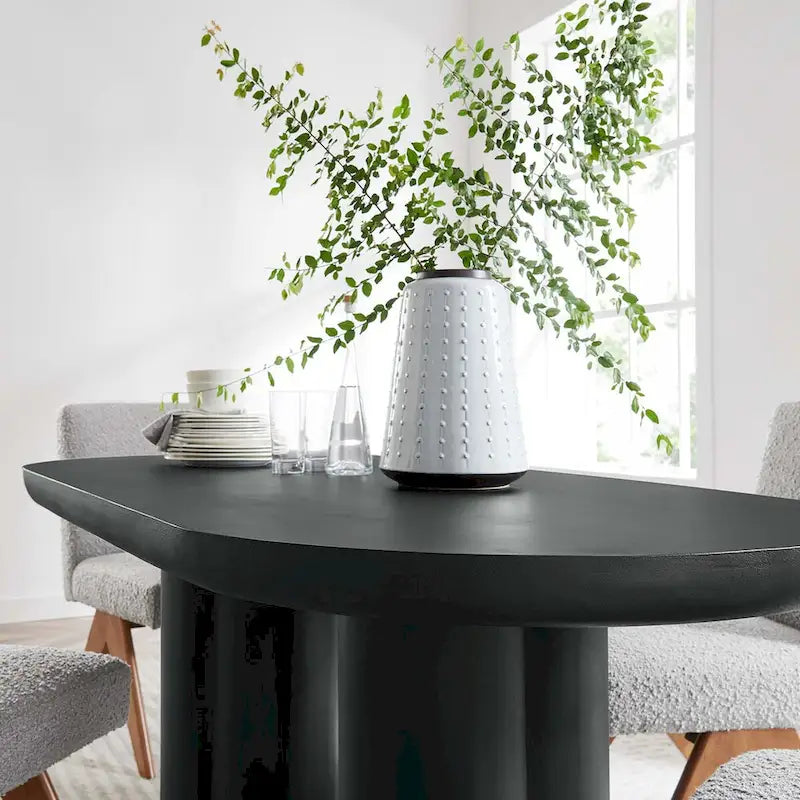 White/Black Oval Concrete Dining Table, Trefoil Pedestal Base, Seats 6–8