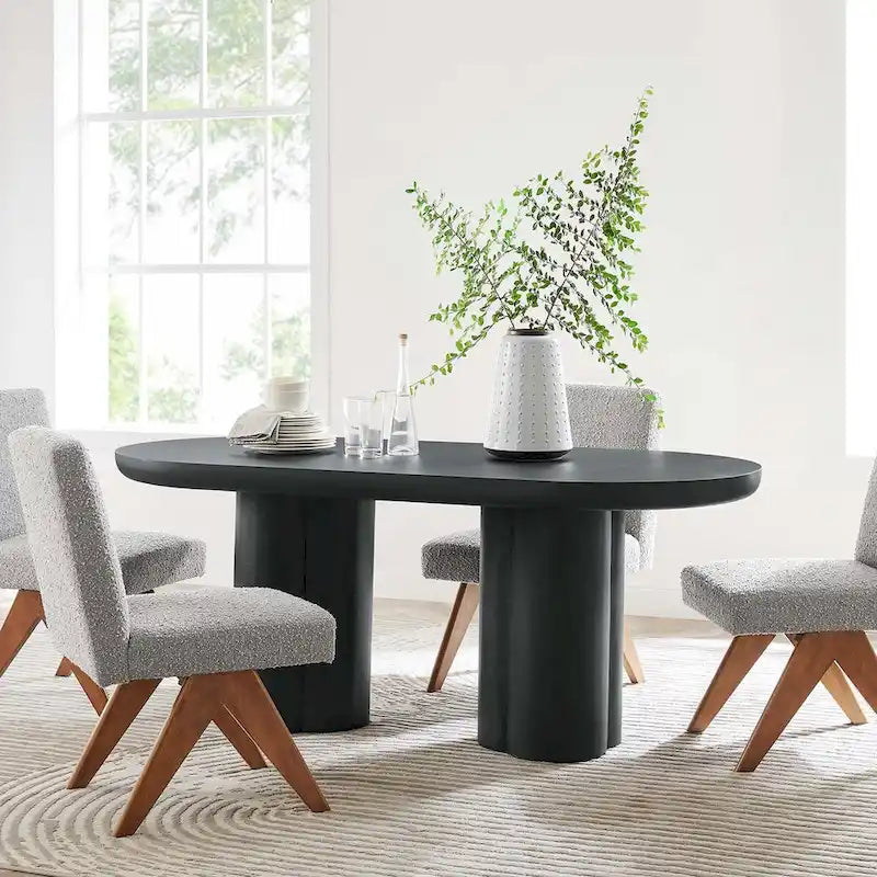 White/Black Oval Concrete Dining Table, Trefoil Pedestal Base, Seats 6–8