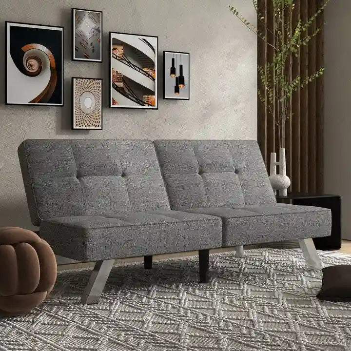 Grey Convertible Folding Futon Sofa Bed, Single