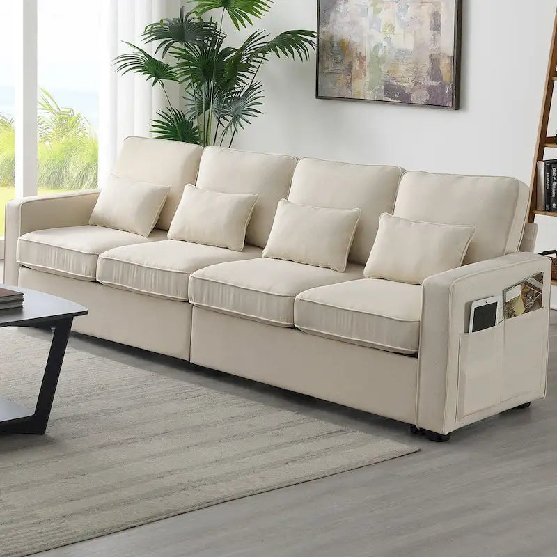 Beige/Dark Grey/Light Grey 4-Seater Modern Linen Sofa with Armrest Pockets & 4 Pillows