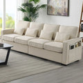 Beige/Dark Grey/Light Grey 4-Seater Modern Linen Sofa with Armrest Pockets & 4 Pillows