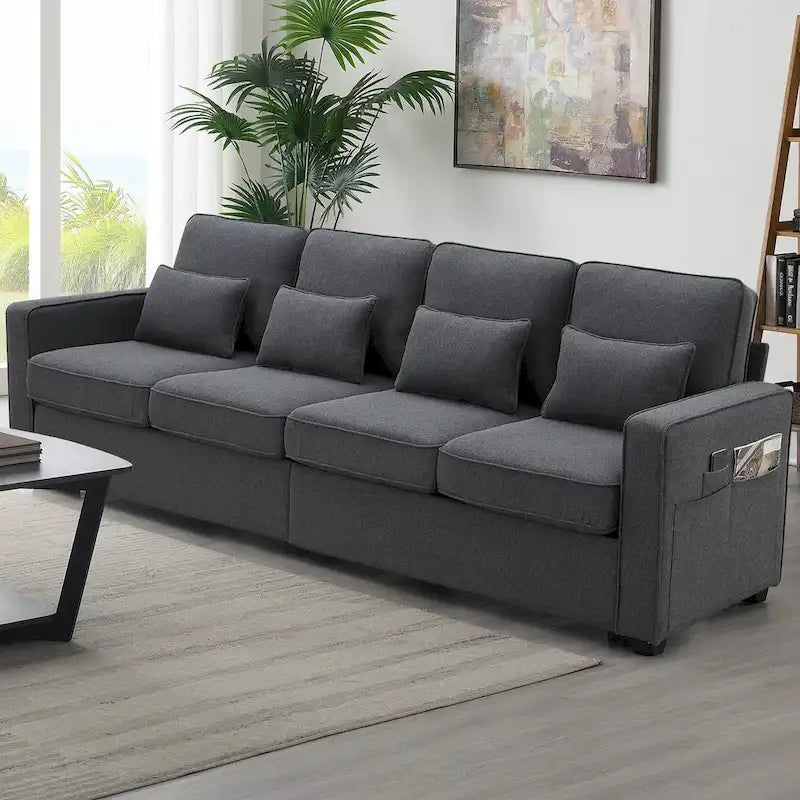 Beige/Dark Grey/Light Grey 4-Seater Modern Linen Sofa with Armrest Pockets & 4 Pillows