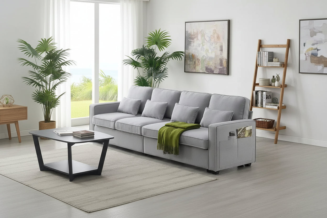 Beige/Dark Grey/Light Grey 4-Seater Modern Linen Sofa with Armrest Pockets & 4 Pillows